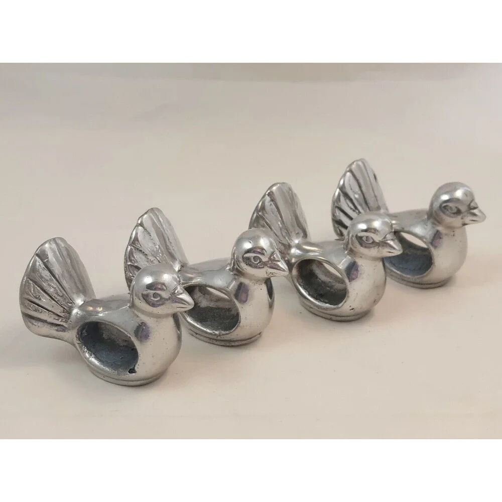 Pewter Birds Chickens Napkin Rings Set Of 4 2” Tall vintage